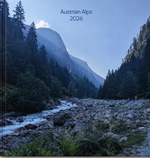 Linea photo album cover: a river running through a forested mountain valley in the Austrian Alps